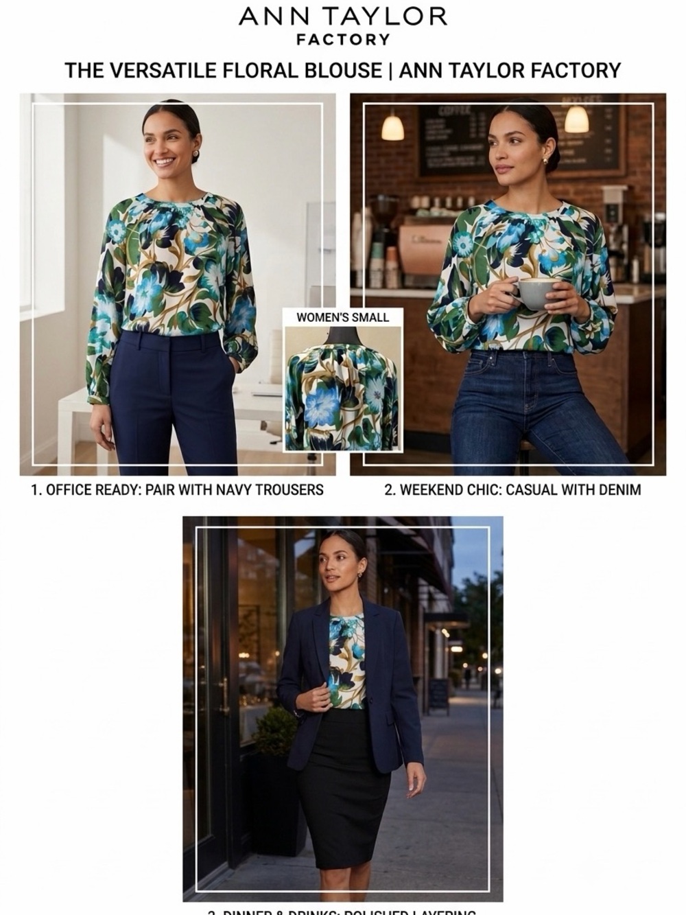 Ann Taylor Floral Blouse in White, Blue, Green